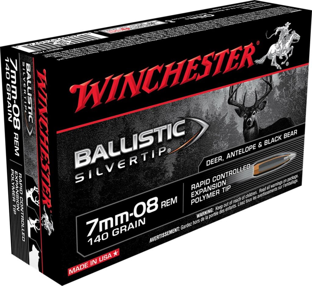 A Winchester Supreme Ballistic Silvertip ammo n a white background.
