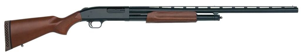 A Mossberg 500 rifle on a white background.