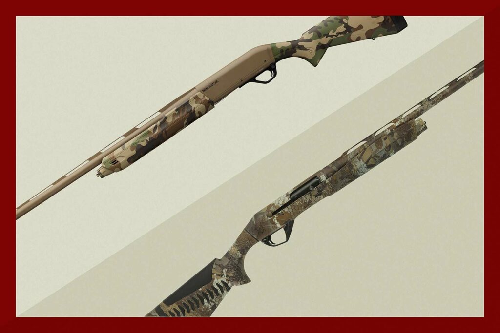 Two shotguns collaged on a tan background.