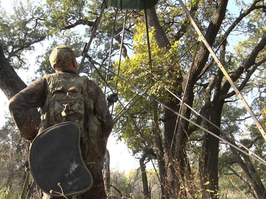 A hunter inspects a hunting tripod stand.