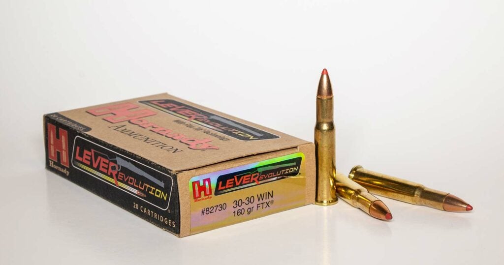A box of Hornady lever-action ammunition on a white background.